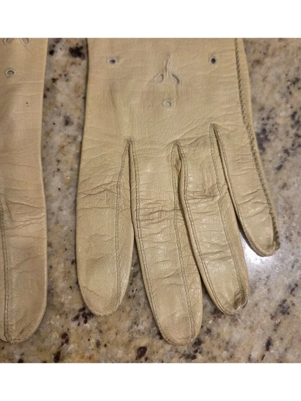 Vintage Womens Size S/M 6 3/4 Green Yellow Formal Kid Leather Gloves Eyelet...